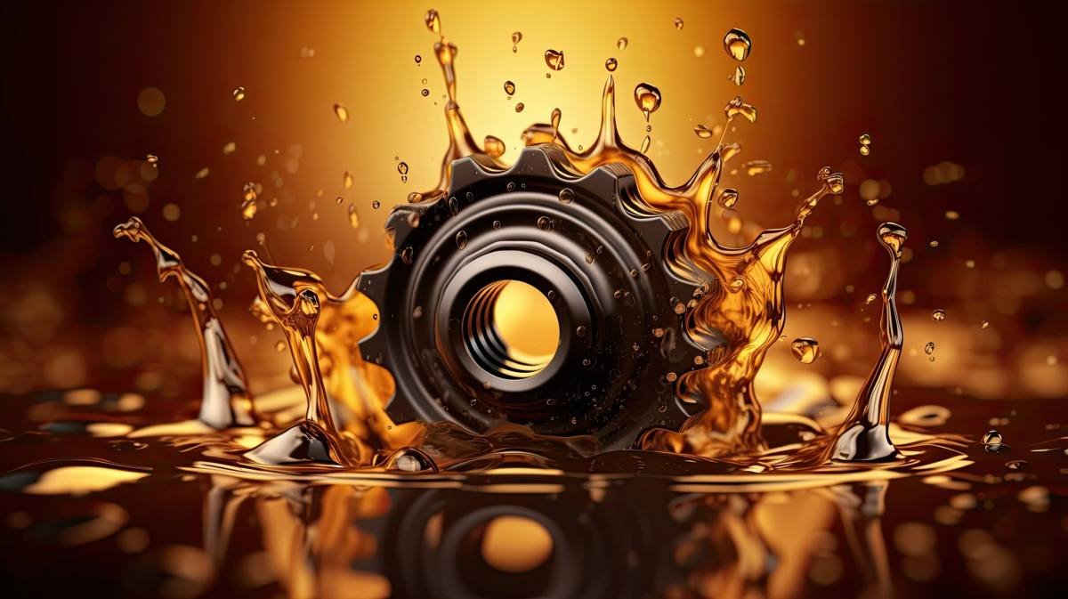 Gear splashing into amber fluid